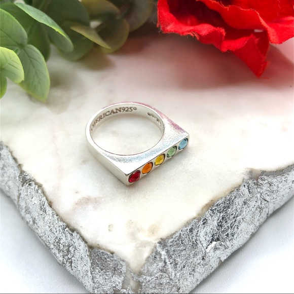 Alex And Ani Sterling Silver Rainbow Crystal Signet Bar Flat Top Rhinestone Ring - Picture 14 of 17